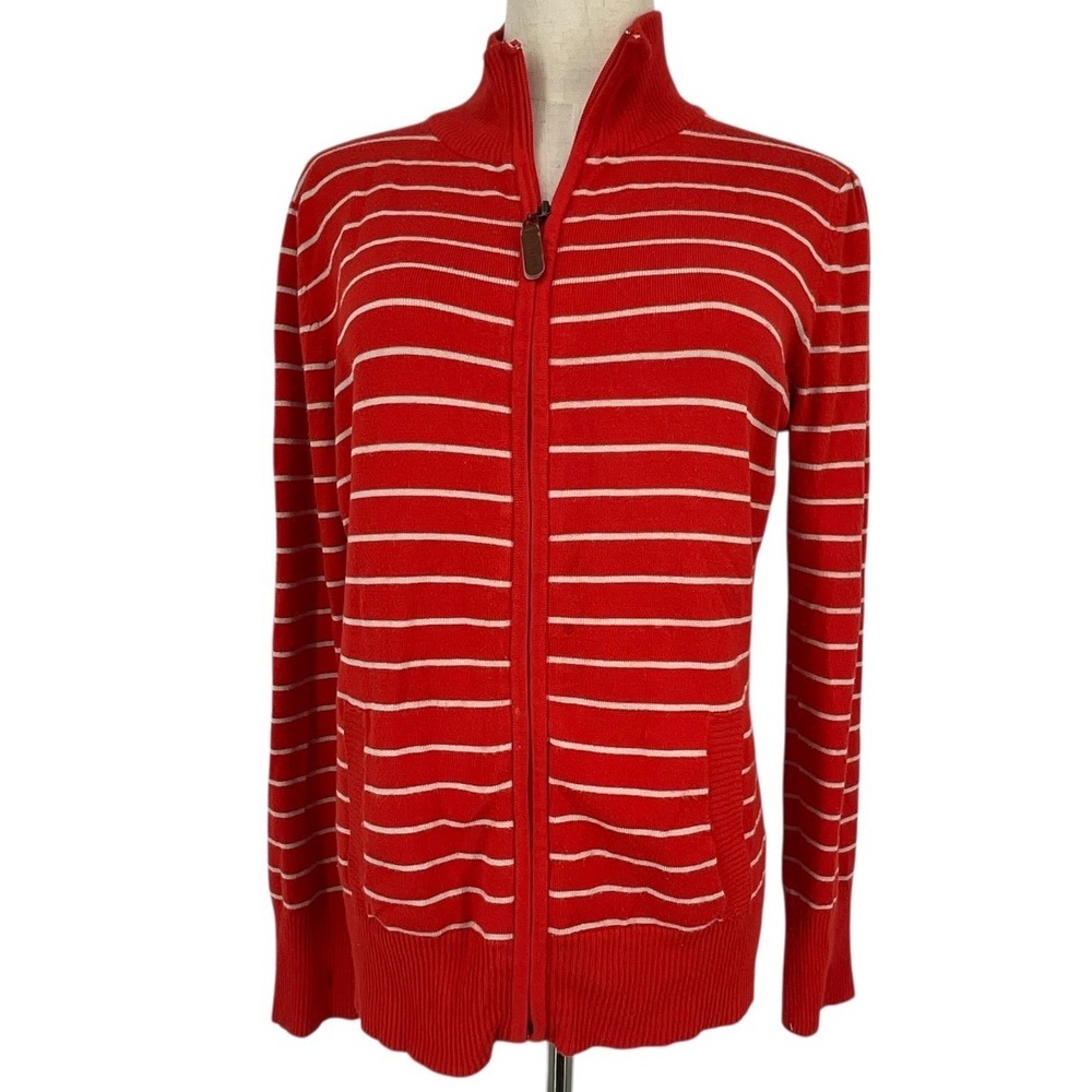 NAVIGATA Womens Luxury Red White Striped Full Zip Knit Cardigan Sweater L Vicose
